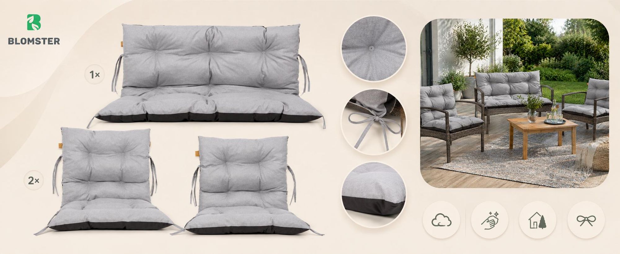 Palettenkissen Loungekissen Set 3-teilig, Outdoor Sitzpolster für Rattanmöbel, 2x Stuhlkissen + 1x Bankkissen, Beige