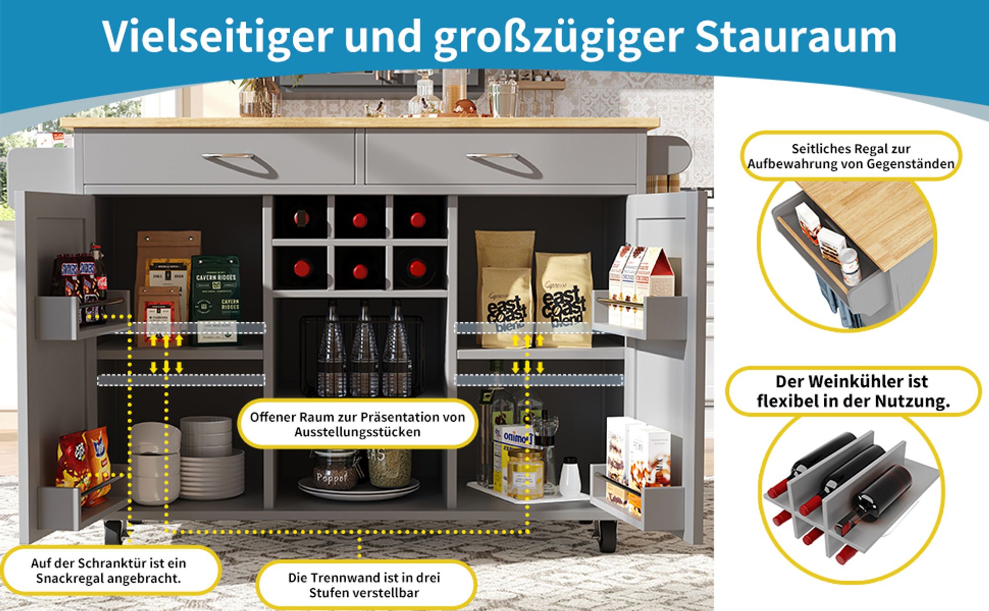 Flieks Servierwagen mit Weinkühler, Moderne Kücheninsel, Küchentrolley Küchenschrank, Speisewagen mit Schubladen und Handtuchhalter, Grau