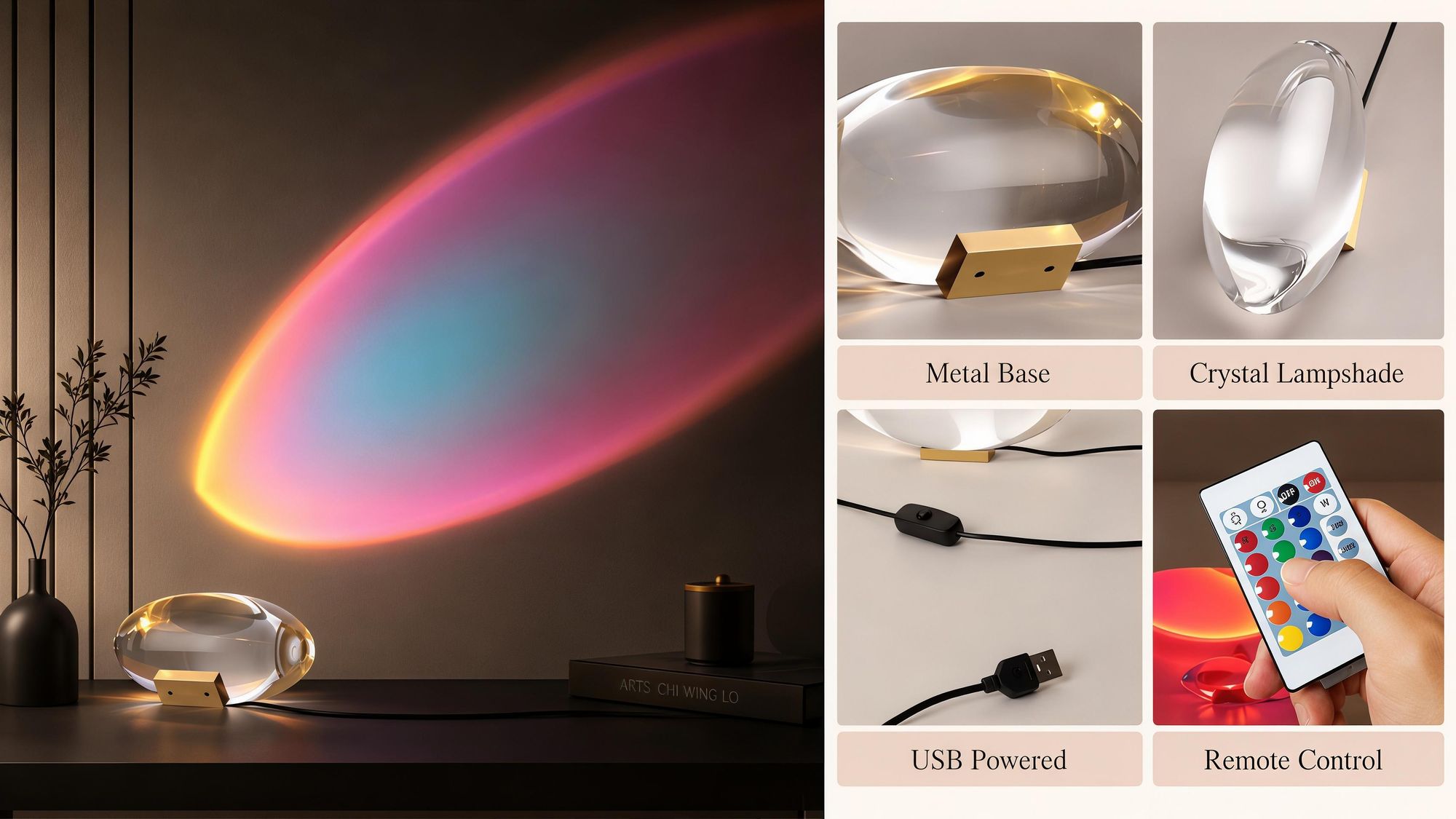 RGB Kristalllampe mit 16 Farben, LED Tischlampe Nachtlicht mit Fernbedienung 5 Helligkeiten Dimmbar Atmosphärenlicht für Schlafzimmer Wohnzimmer Party