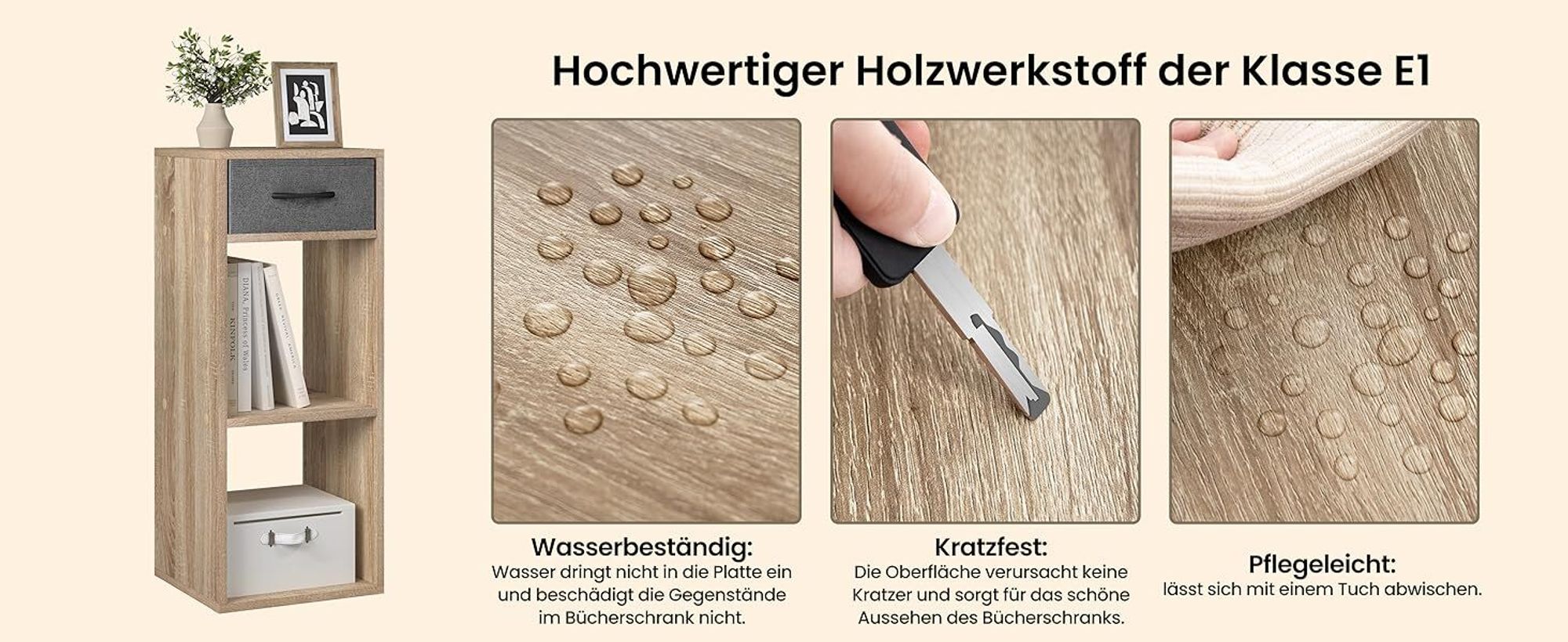 WOLTU Bücherregal mit 3 Ebenen, 1 Stoffschublade 2 Würfeln, 32,4x80x30 cm, Helle Eiche