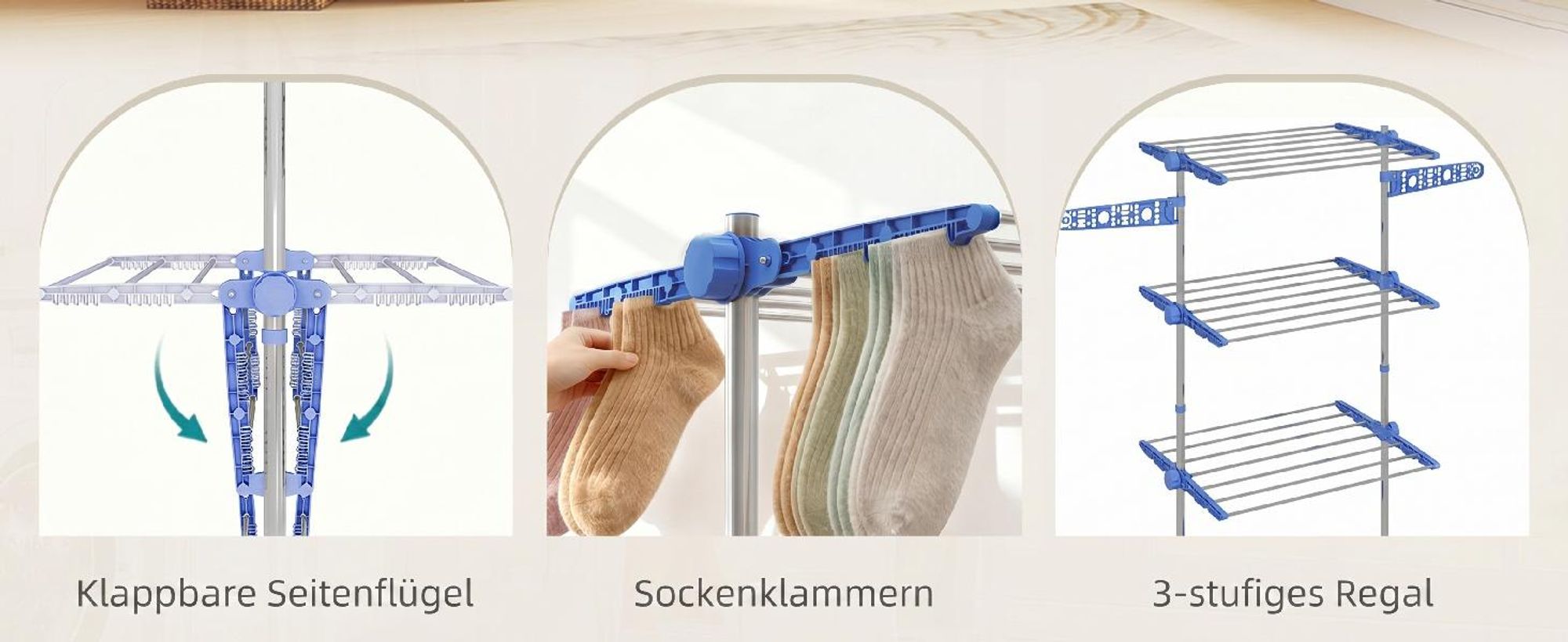 Mobiler Wäscheständer Wäschetrockner-Turm Seitenflügel auf 3/4 Ebenen Blau