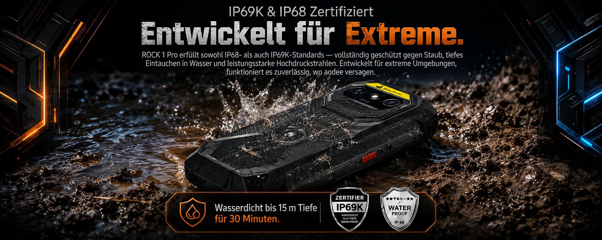 Blackview ROCK 1 PRO 6.56" Militarisches Outdoor handy, 32+256GB, Android 16, 15000mHA, 33W, Face ID, 16MP+13MP+20MP, Helio G81, IP69K/IP68