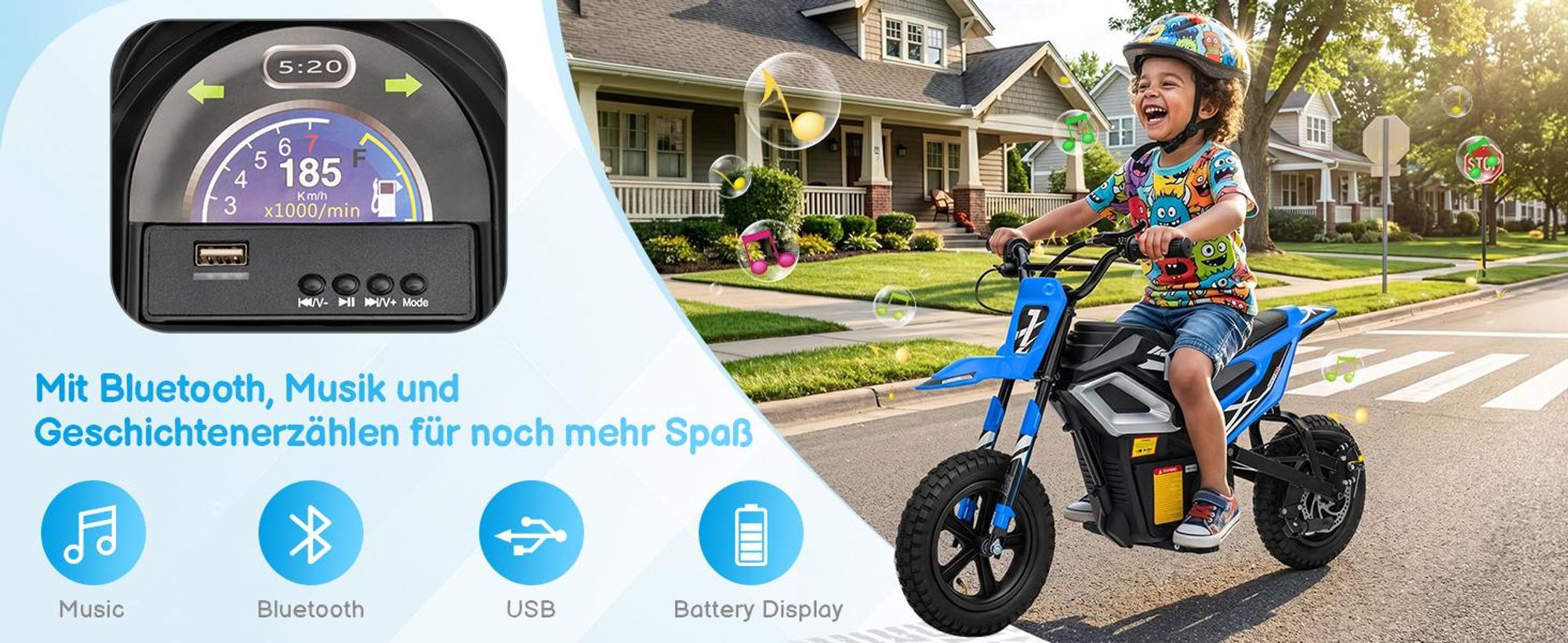 FCH Elektrisches Kindermotorrad, 24 V, 7 Ah, mit Ledersitz, Blau