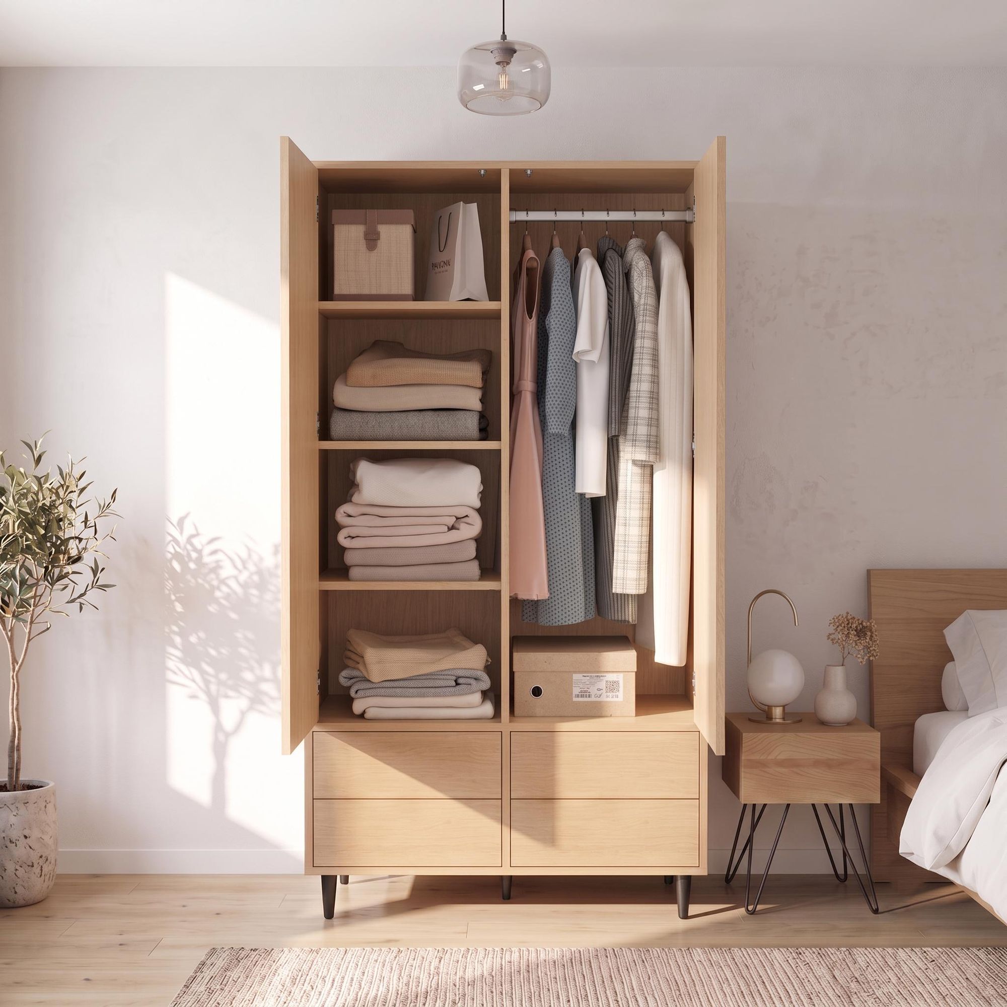 Flieks Kleiderschrank mit Kleiderstange und Türen, Garderobe mit Spiegel, Hochschrank mit Fächer und Schubladen, 90×45×200 cm, Natur, MDF+Stahl