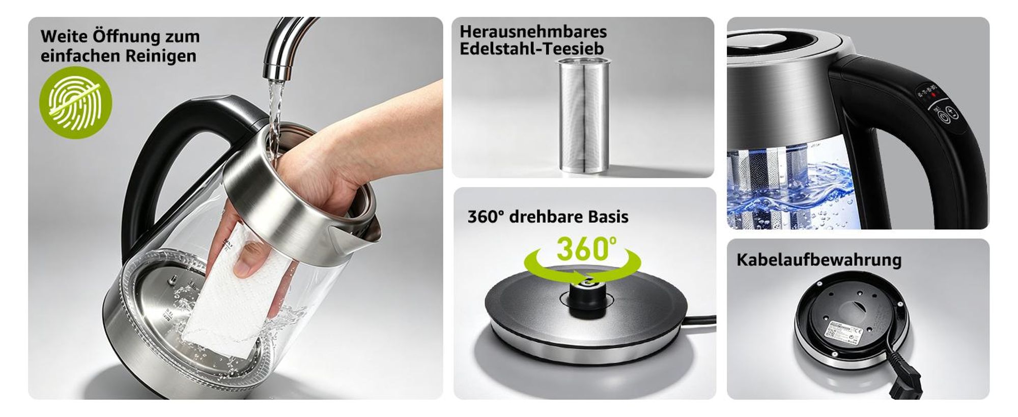 Aigostar Glas Wasserkocher 1,7 L mit Temperatureinstellung 60–100 °C, 2200 W, Farbwechsel-LED, 120 Min. Warmhaltefunktion, Edelstahl & Borosilikatglas