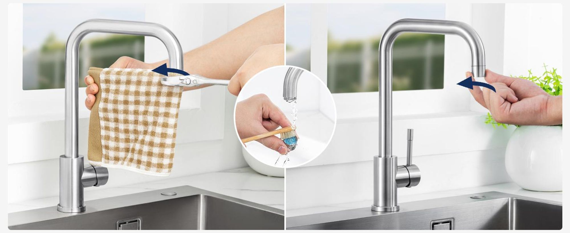 Cecipa Niederdruck Küchenarmatur Gebürsteter Edelstahl, Wasserhahn Küche für Kleinspeicher, 7-Form Auslauf, 360° Drehbar, Spültischarmatur Edelstahl
