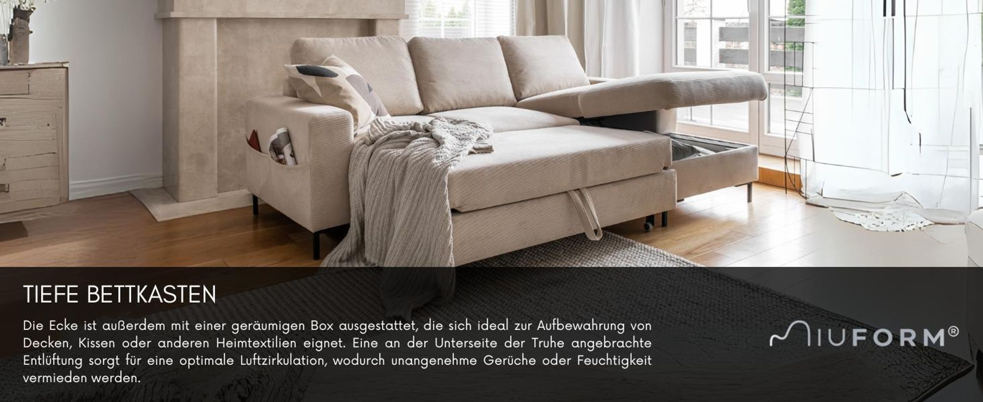 MIUFORM Lofty Lilly - Ecksofa mit Bettfunktion und Bettkasten L-FORM RECHTS - 236x148cm - Beige - Sofa Schlafsofa Couch