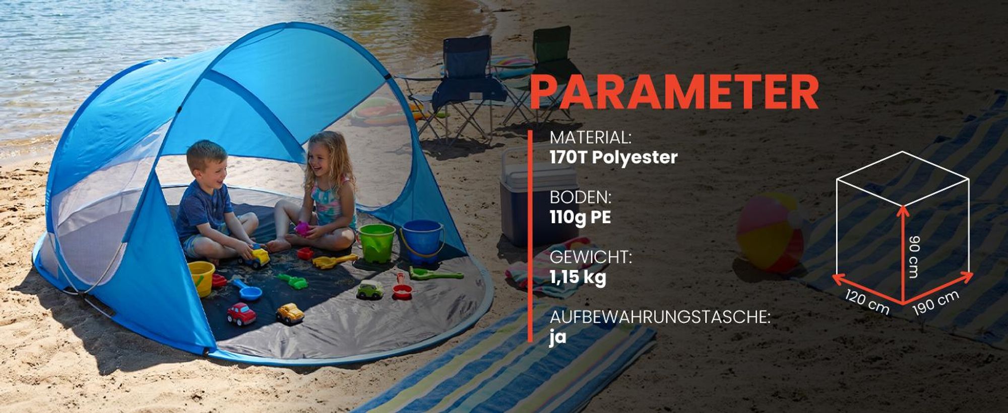 Strandzelt Strandmuschel mit UV Schutz Pop Up Epifit 190x120x90cm mit Tragetasche Blau