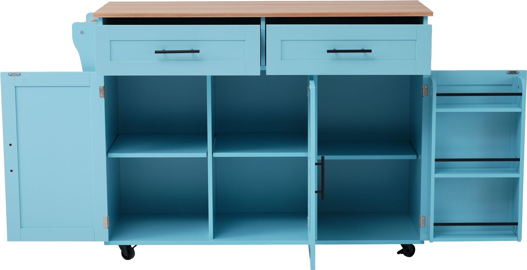 Flieks Servierwagen Kücheninsel mit 2 Schubladen, Küchentrolley Speisewagen mit Klappbar Arbeitsplatte, Küchenwagen mit Regal, 129x46-71x91.5cm, Blau