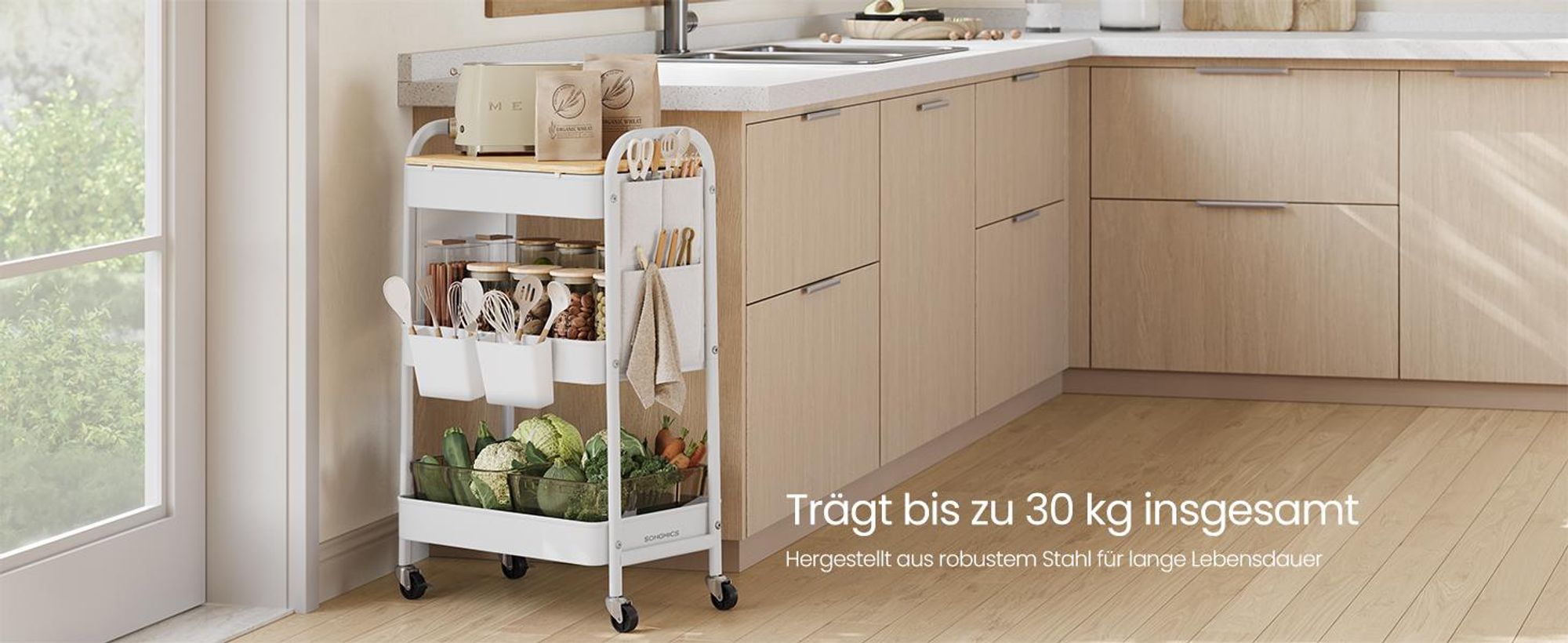 SONGMICS Rollwagen, Küchenwagen, 3 Metallgitterablagen, Servierwagen, 2 abnehmbare Hängebehälter, 2 Organizer, wolkenweiß