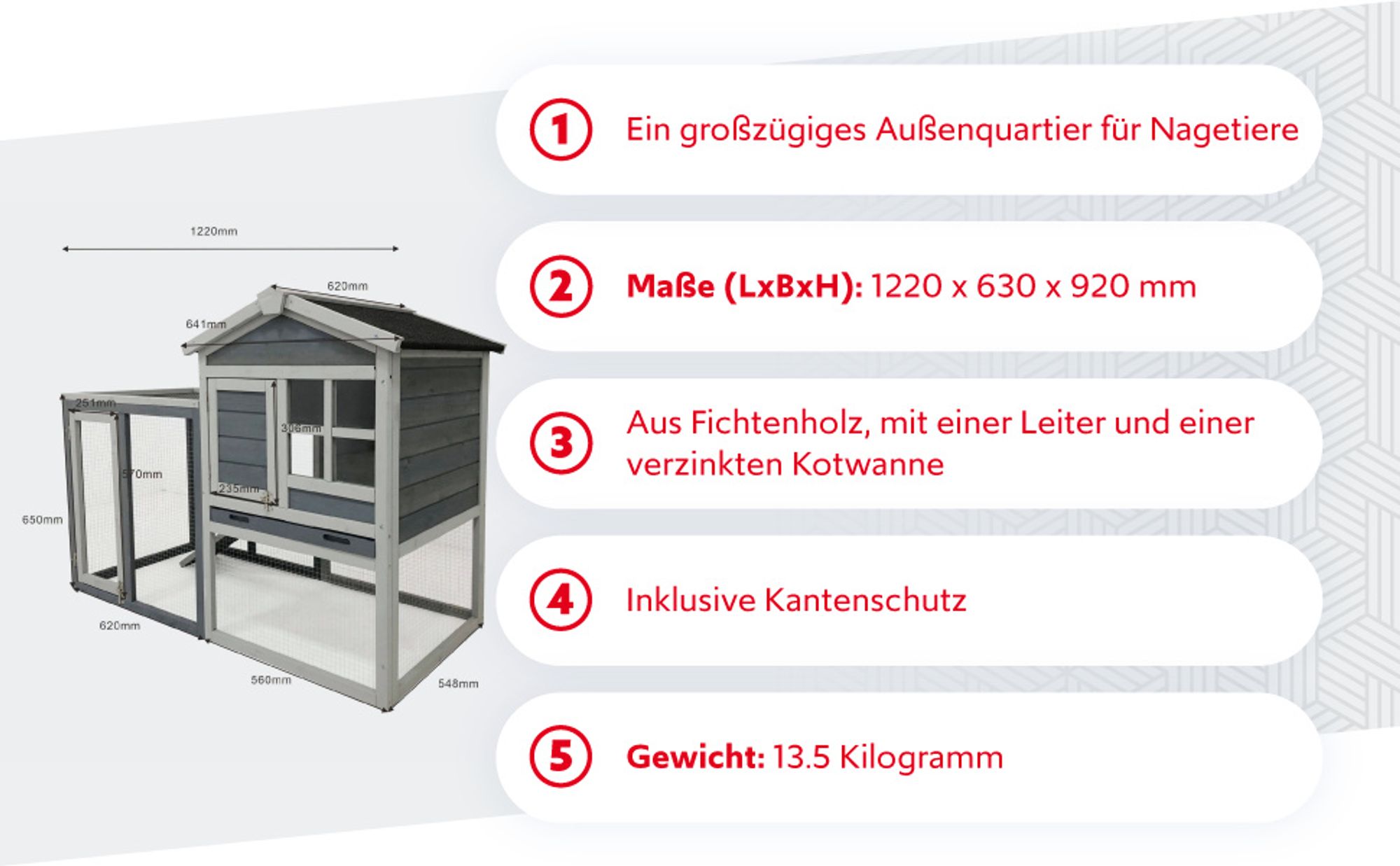 Wiltec Hasenstall grau-weiß 1220 x 630 x 920 mm mit Freilaufgehege und erhöhtem Unterschlupf aus Holz, Kaninchenkäfig mit 2 Etagen, Kleintierstall