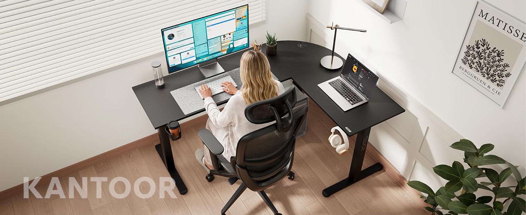 Sense7 RONG Gaming bureau, L-vormig, 154x117 cm - Zwart, computerbureau met carbonlook, geschikt voor PC-gamers en thuiswerk