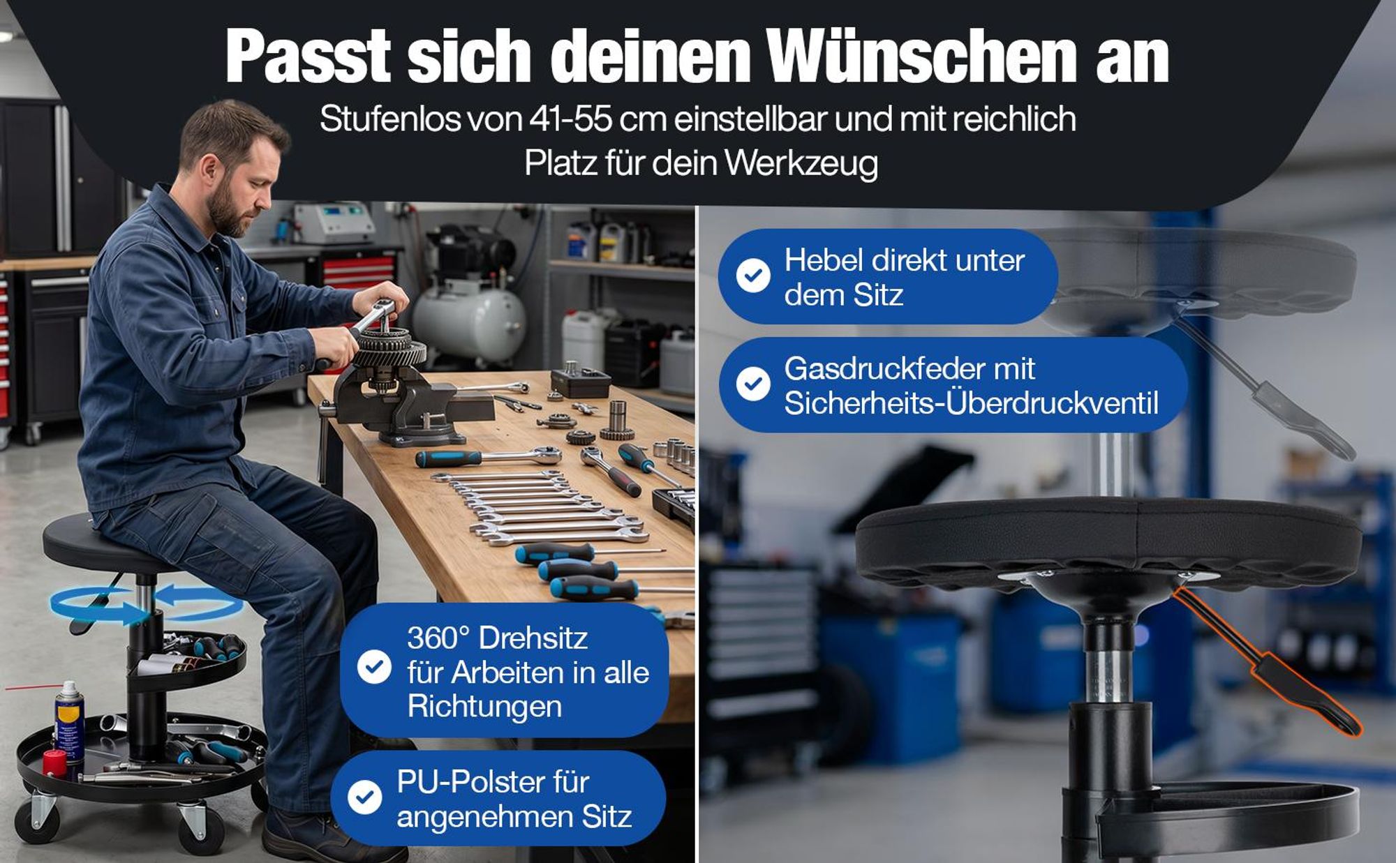 NTG Rollhocker Höhenverstellbar bis 55 cm – Werkstatthocker bis 100 kg mit 5 Rollen & Ablageschale – Drehhocker Werkstatt