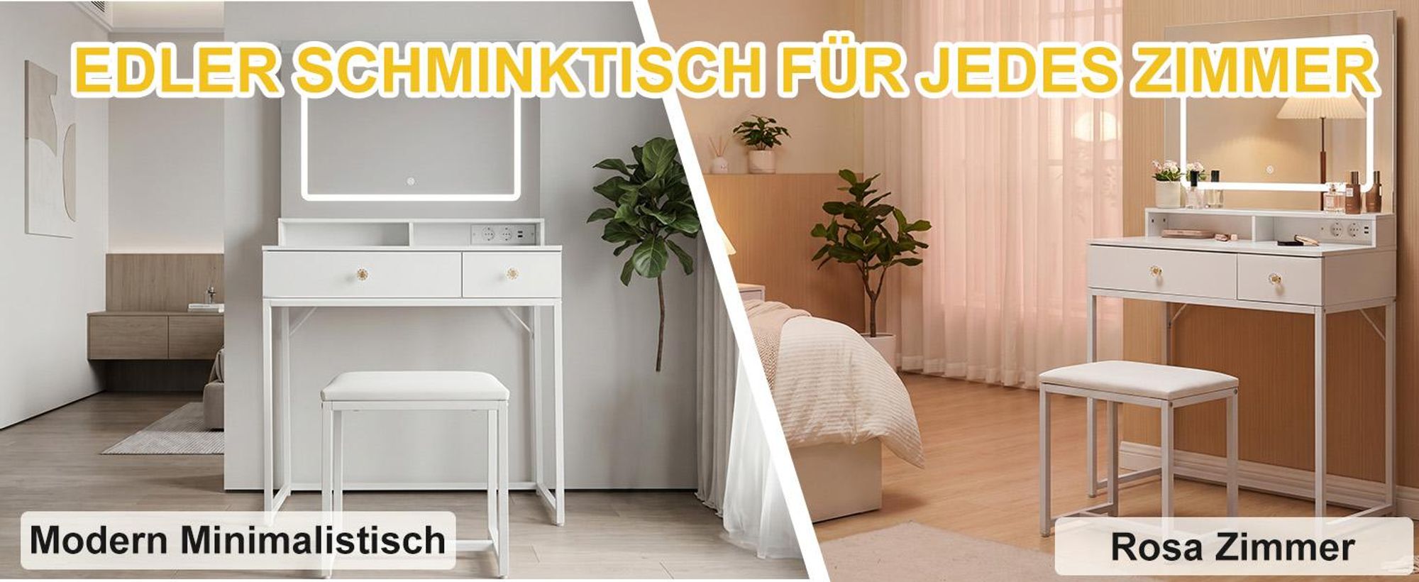 Schminktisch mit LED Beleuchtung und Hocker mit Steckdose modern weiß mit LED Spiegel 3 Lichtfarben dimmbar 2 Schubladen Metallrahmen 80 x 40 x 140 cm