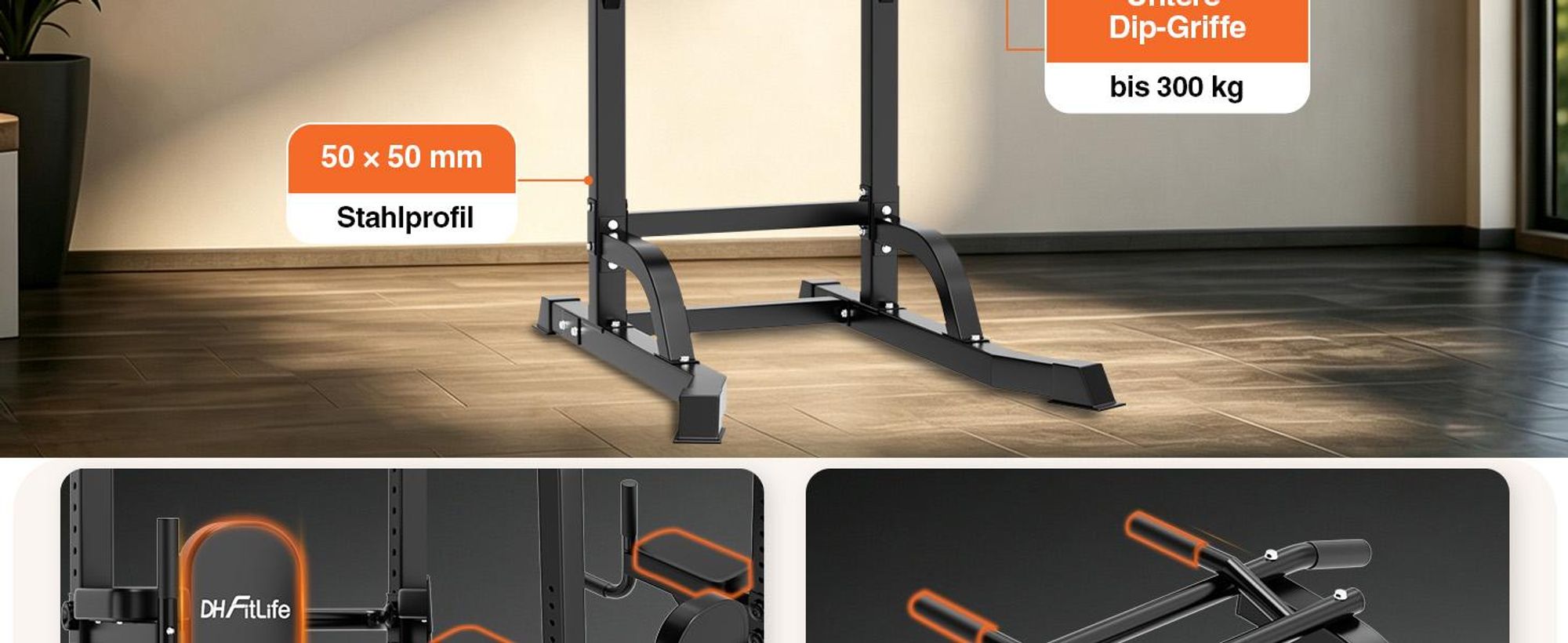 DH FitLife Premium Power Tower, Klimmzugstation mit Dip Station, 10-fach höhenverstellbar 185–222 cm, 50×50 mm Stahlprofil, Kraftstation für Home Gym