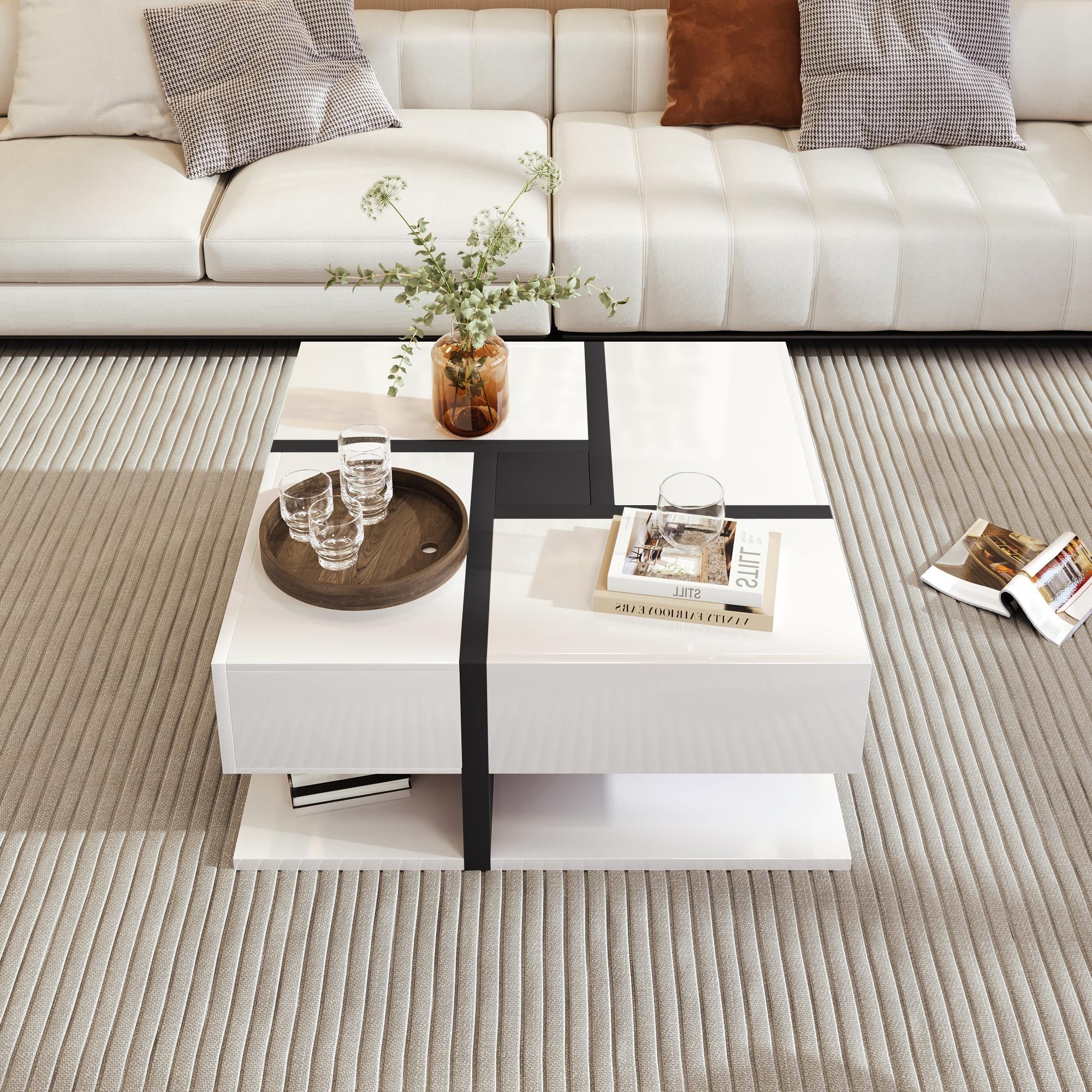 Merax Hochglanz-Couchtisch mit versteckten Schubladen, Beistelltisch mit geometrische Design, hochglänzend mit Sockel, Wohnzimmetisch Weiß & Schwarz