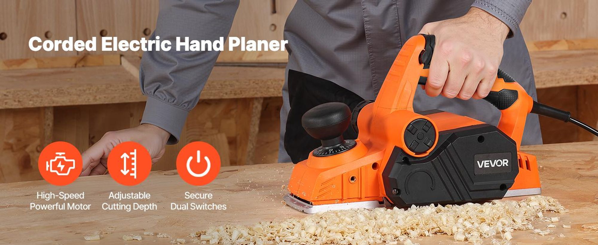 VEVOR Elektrohobel, 82 mm Schnittbreite, 900 W, 14500 U/min, Handhobel für Holz, mit einstellbarer Schnitttiefe, 2 Klingen, für Holzbearbeitung, Holzfasen, Heimwerkerarbeiten, Hobelmaschine