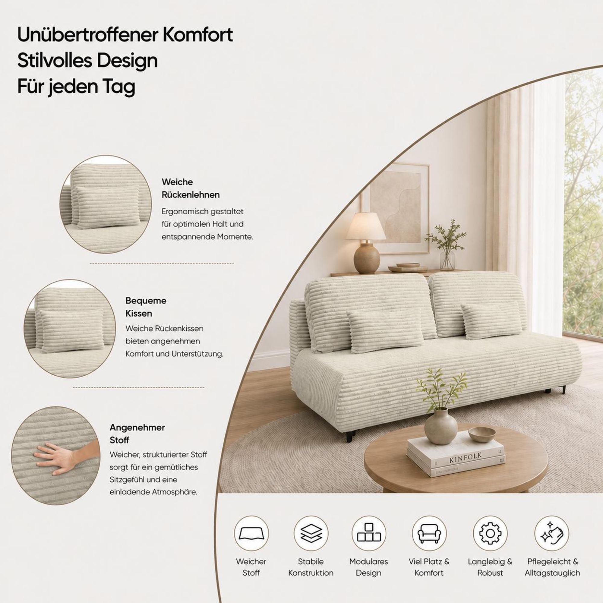 VENASI ETNA Polstersofa mit Schlaffunktion und Bettkasten Couch Sofa Cord Bettsofa Schlafsofa Grün