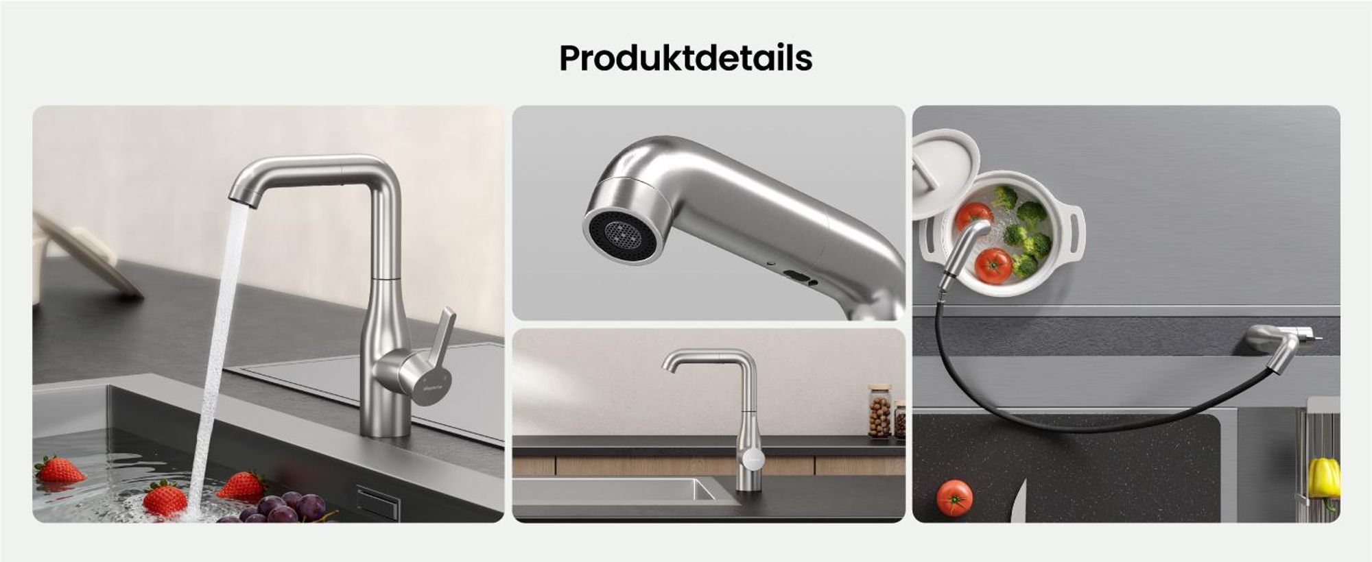 Mai & Mai Wasserhahn Küche Küchenarmatur mit Brause Ausziehbar, Küchenwasserhahn 360°Schwenkbar, Mischbatterie Spültischarmatur silber Turnix-04