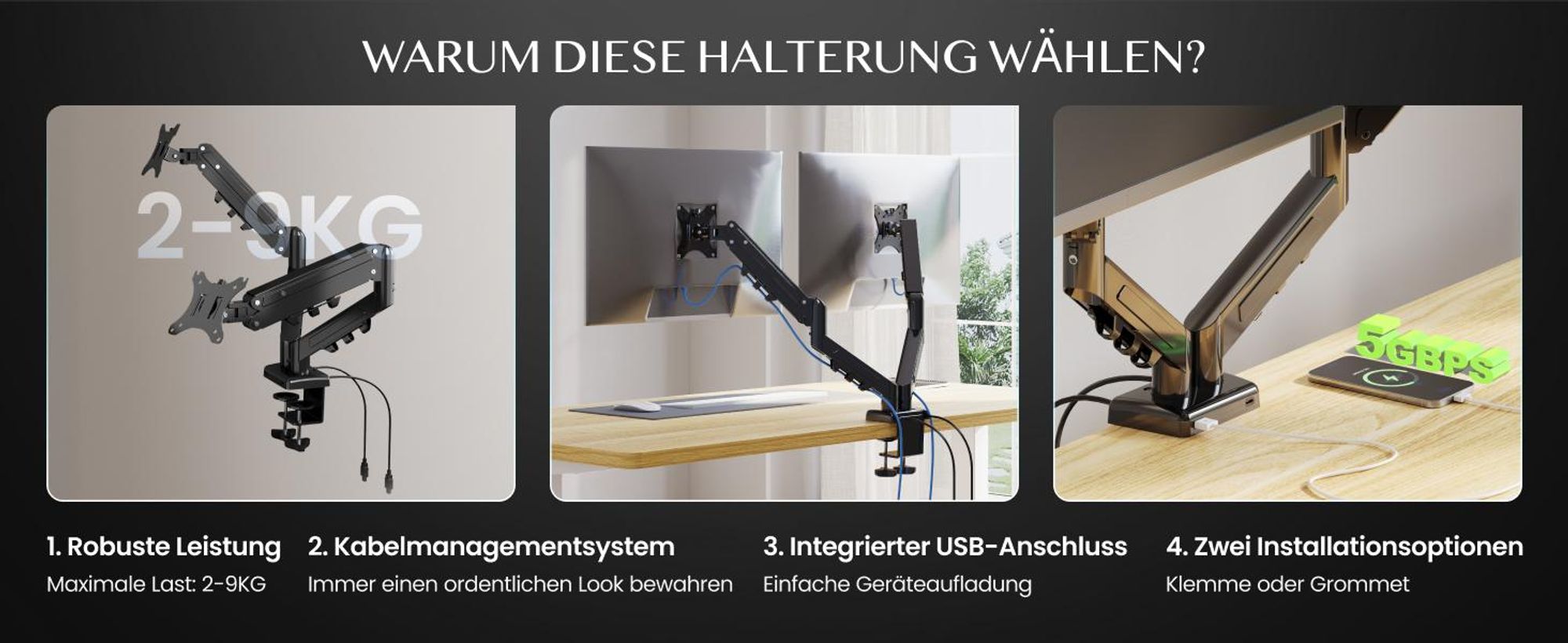FLEXISPOT MA1 Dual Monitorhalterung 17–32 Zoll mit USB-Anschlüssen, Gasdruckfeder Monitorarm für 2 Monitore, höhenverstellbar & flexibel schwenkbar