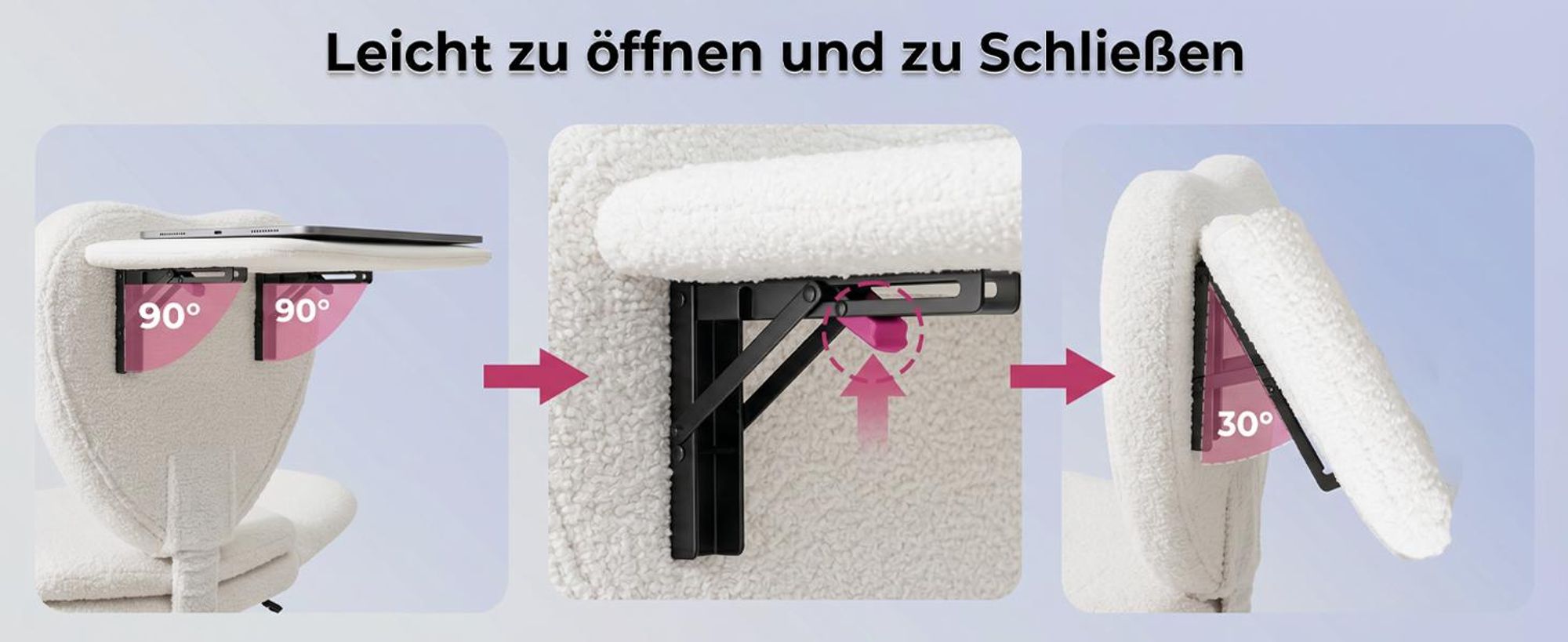 Bürostuhl Gamingstuhl mit Teddybezug, drehbar, mit klappbarer Tischplatte und Rollen, für Arbeitszimmer, Weiß