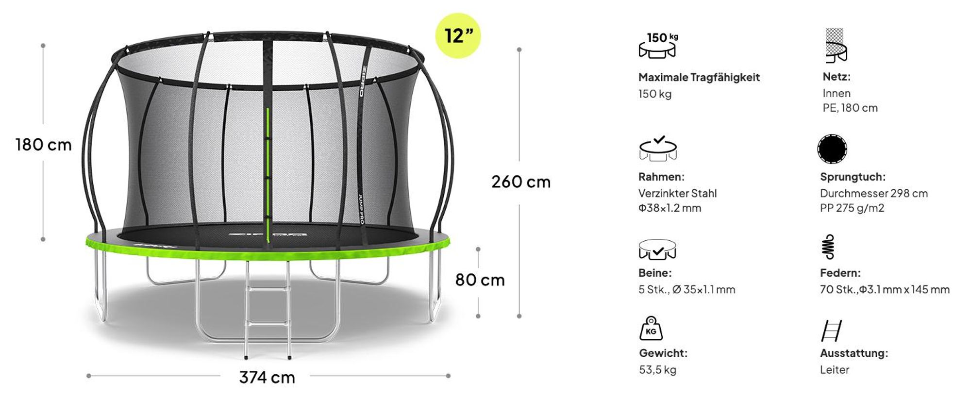 ZIPRO Trampolin Jump Pro Premium | 12FT Ø 374 cm | Gartentrampolin Kindertrampolin Komplett-Set inkl. Netz, Leiter & Randabdeckung, Outdoor, Grün