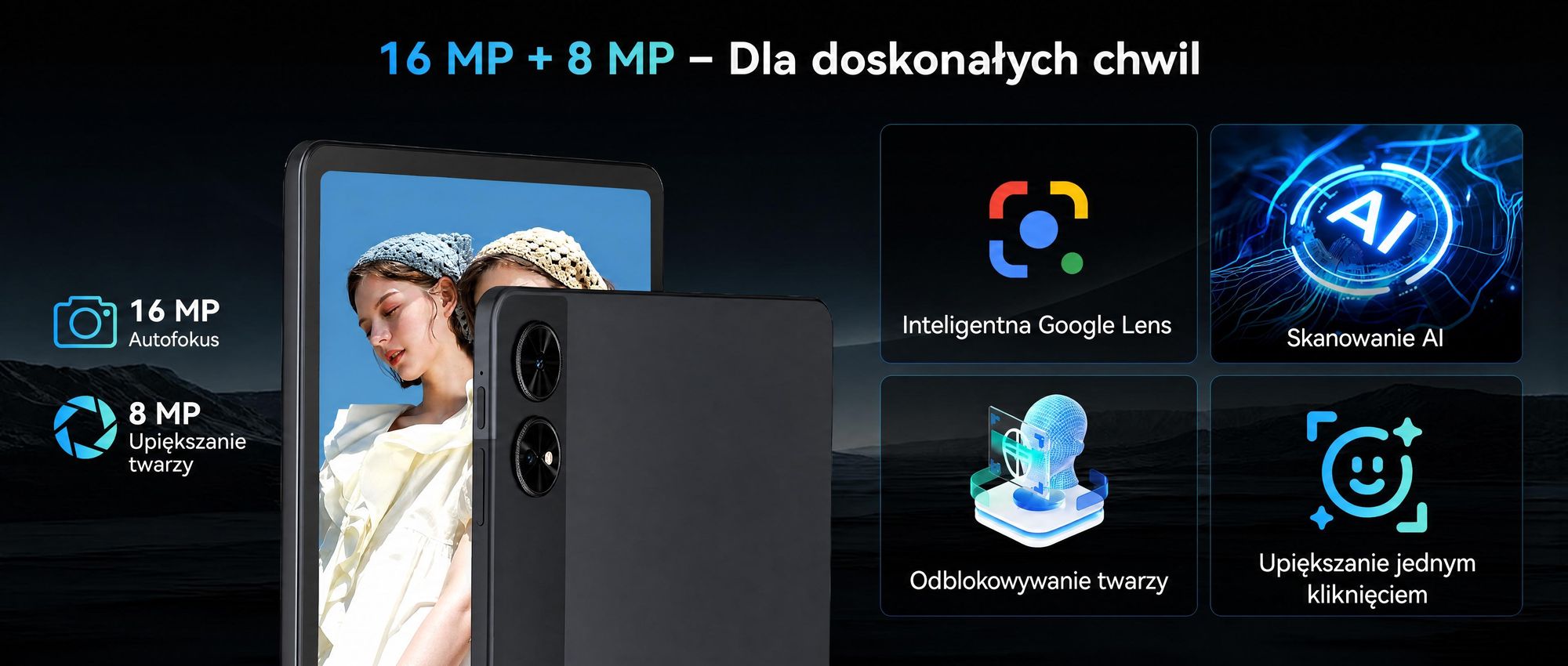 Tablet T60 z systemem Android 16, wyświetlacz 12,2" o rozdzielczości 2,5K, 48 GB pamięci RAM + 256 GB pamięci ROM + możliwość rozbudowy do 2 TB za pomocą karty TF, procesor Octa-Core, bateria 10 000 mAh i sztuczna inteligencja Gemini