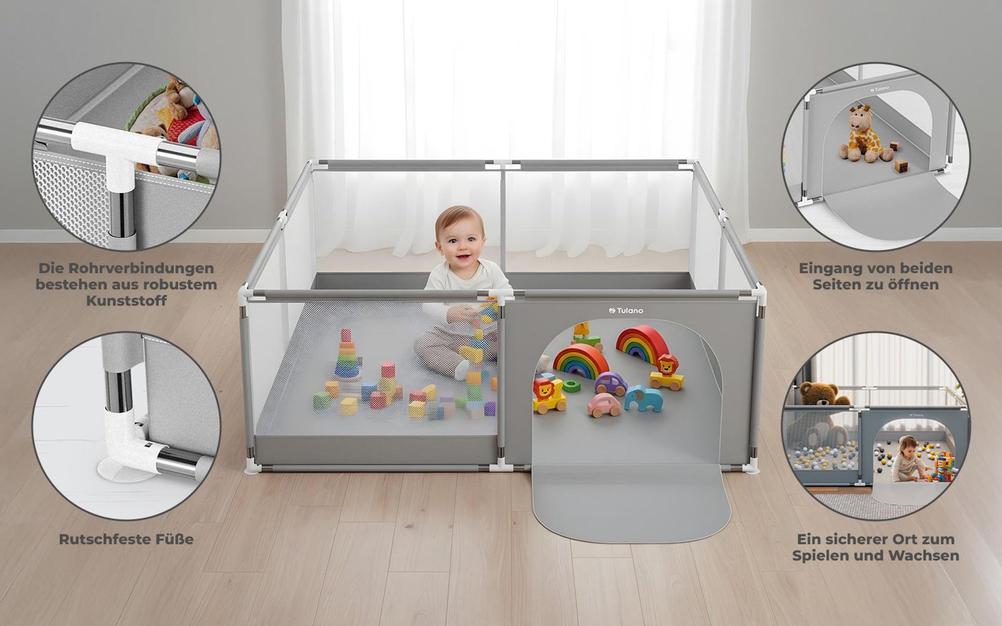 TULANO Cozy 28 | Laufgitter für Baby Kleinkinder Krabbelgitter Laufstall | Indoor Outdoor | Reißverschluss | Atmungsaktivem Netz | 180x200cm | Grau