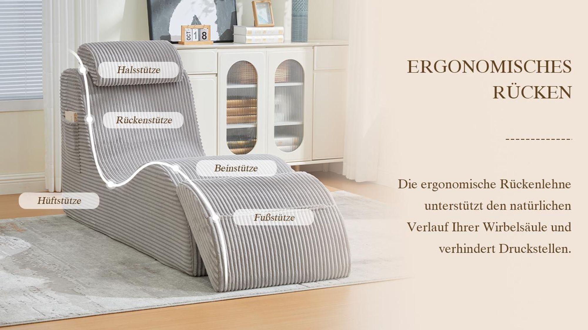 LVHOM Polsterliege mit abnehmbaren Kissen und Fußstütze, Chaiselongue Relaxliege mit Seitentasche, Liegesessel mit Schlafenfunktion, Cordstoff, Khaki