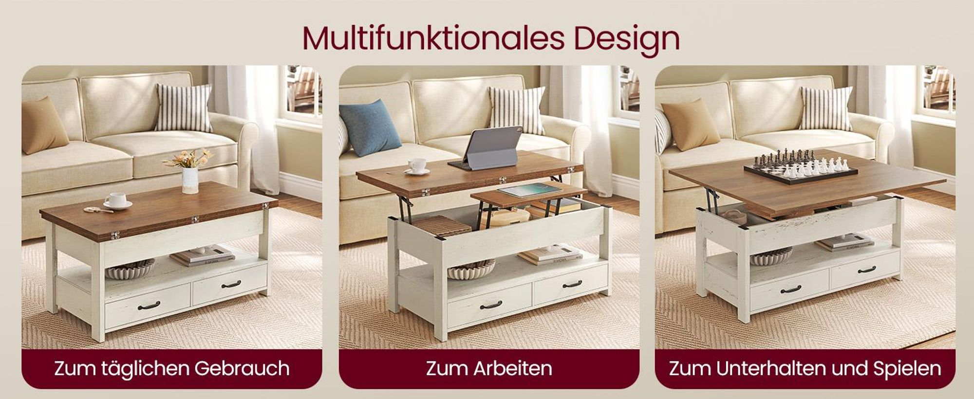 VASAGLE Couchtisch, Wohnzimmertisch, Gaszylinder, höhenverstellbar, viel Stauraum, Kaffeetisch, für Wohnzimmer, braun-weiß