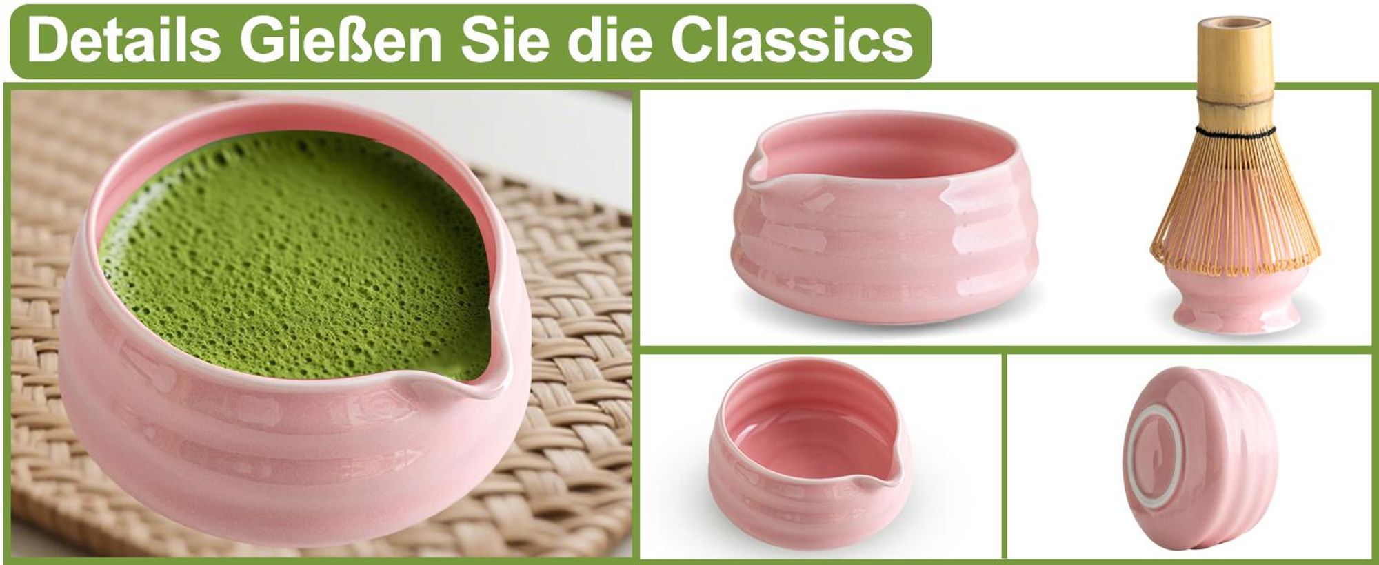 Matcha Set, Japanisches Matcha Set, 5-Teiliges Matcha Besen Set, Bambus Matcha Whisk, Matcha Schale mit Auslauf, Sieb, Löffel, für Matcha-Liebhaber