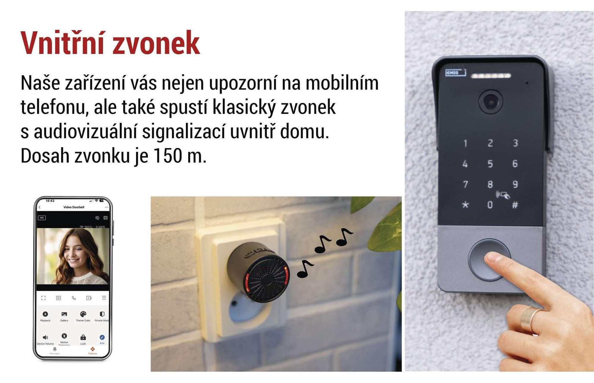 EMOS GoSmart videozvonek s aplikací, 1vodičové připojení Ethernet, vodotěsný, kamera FullHD 2Mp, s kód. zámkem, zvonkem, zdrojem, čipy RFID, H4034