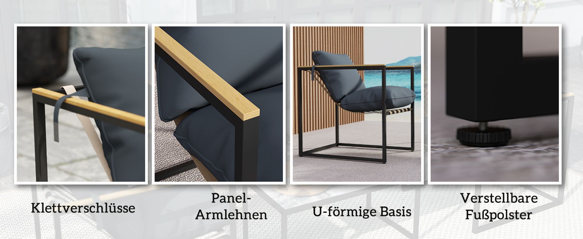 Outsunny Stahl Gartenmöbel Set 4 Personen Balkonmöbel-Set mit 2er Sofa Grau