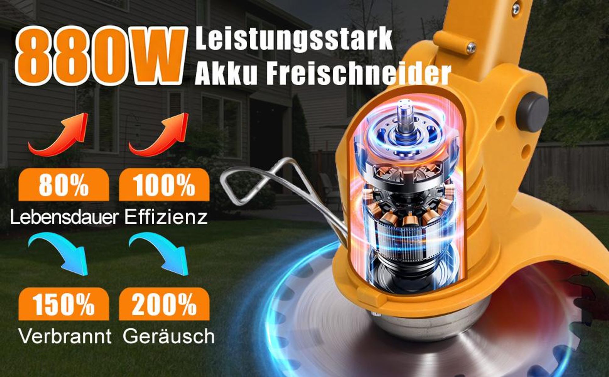 Akku Rasentrimmer, Freischneider, Motorsense, mit 2 x 4000mAh Akku und Ladegerät, Teleskop-Stiel & Zusatzhandgriff, mit Rädern