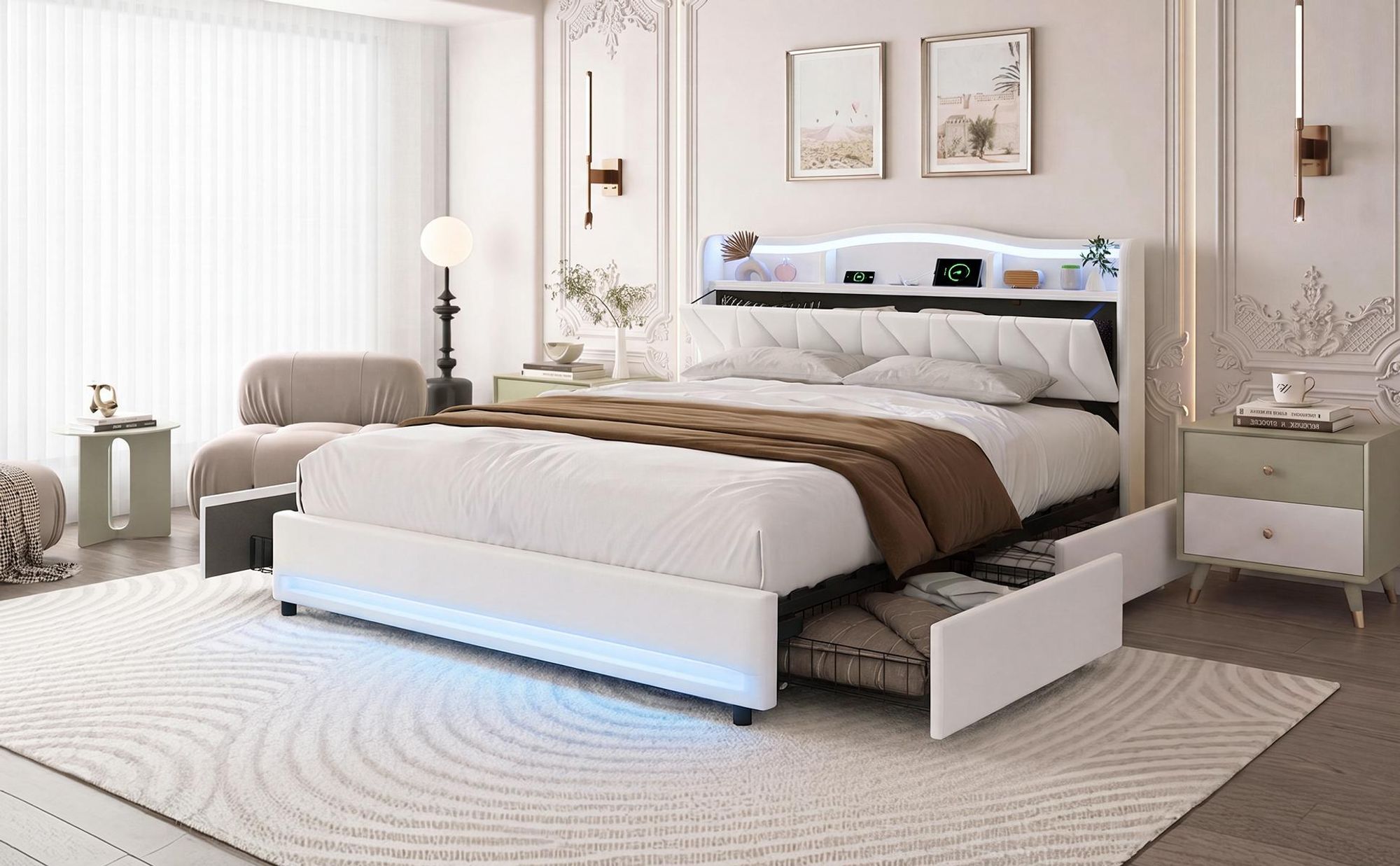 INONEFT Polsterbett 140x200 mit Stauraum Schublade, Doppelbett mit LED & USB, Jugendbett, Bettgestell mit Lattenrost, Stauraumbett, Samt,Beige