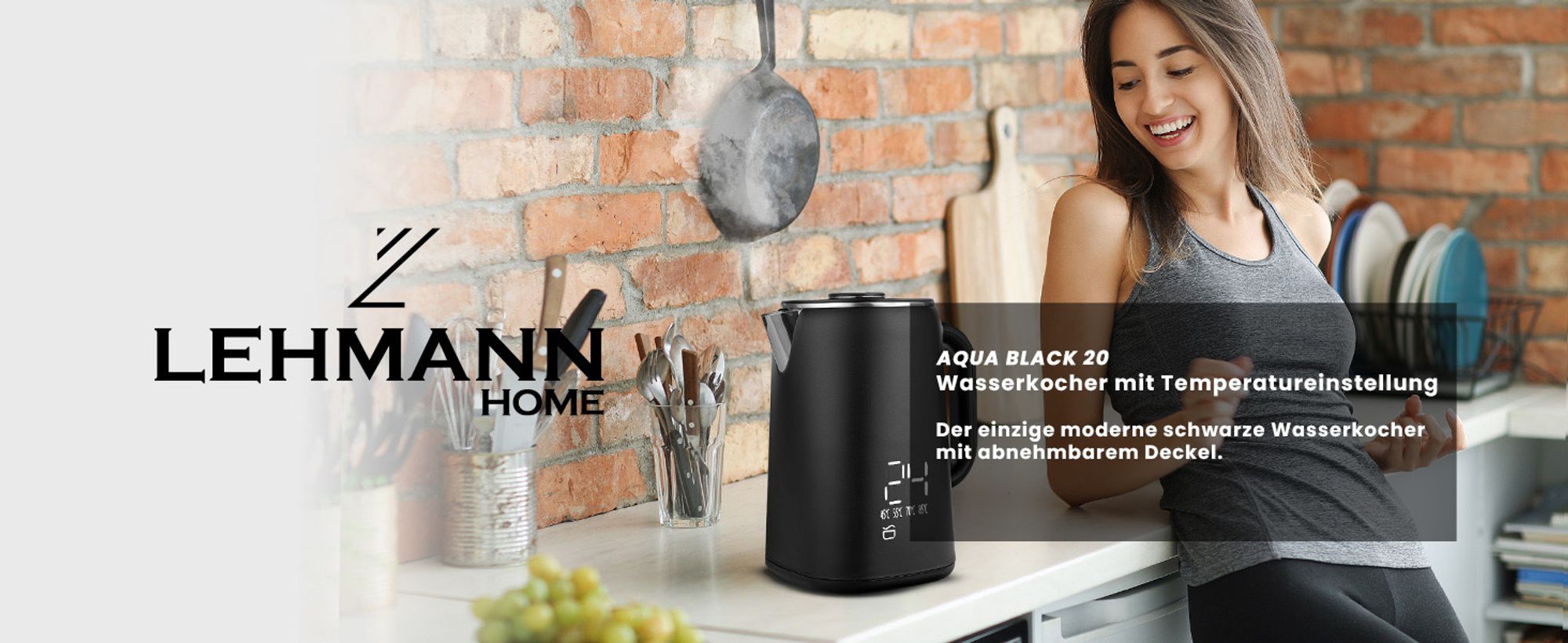 Lehmann Wasserkocher 1,7 L mit Temperaturregelung 45-100 °C, Edelstahl Wasserkessel mit Warmhaltefunktion und Touchpanel, mattes Schwarz