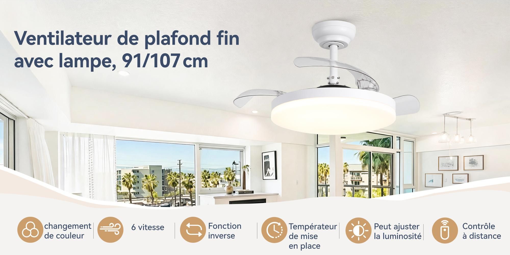 Ventilateur de plafond Parrot Uncle avec éclairage et télécommande, pales rétractables de 91 cm, blanc, LED à intensité variable, 3 couleurs de lumière, 6 vitesses