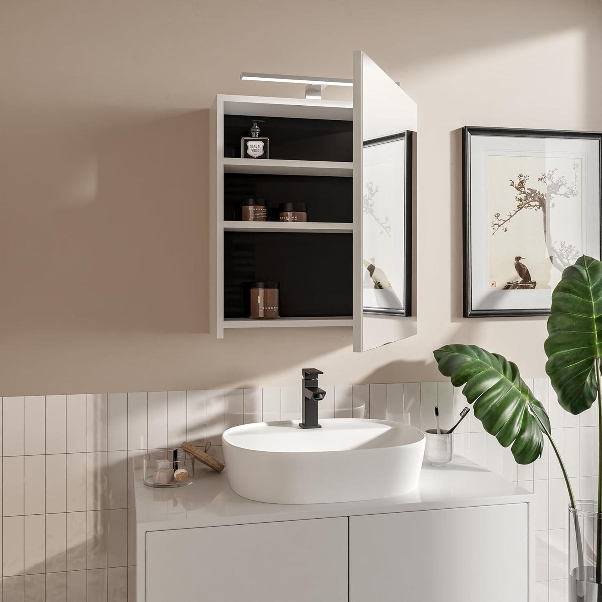 HAJDUK FURNITURE Spiegelschrank Bad mit LED Beleuchtung 50x60 cm Eiche Sonoma Badschrank mit Spiegel Ablage und Griffloser Öffnung Aufsatzleuchte