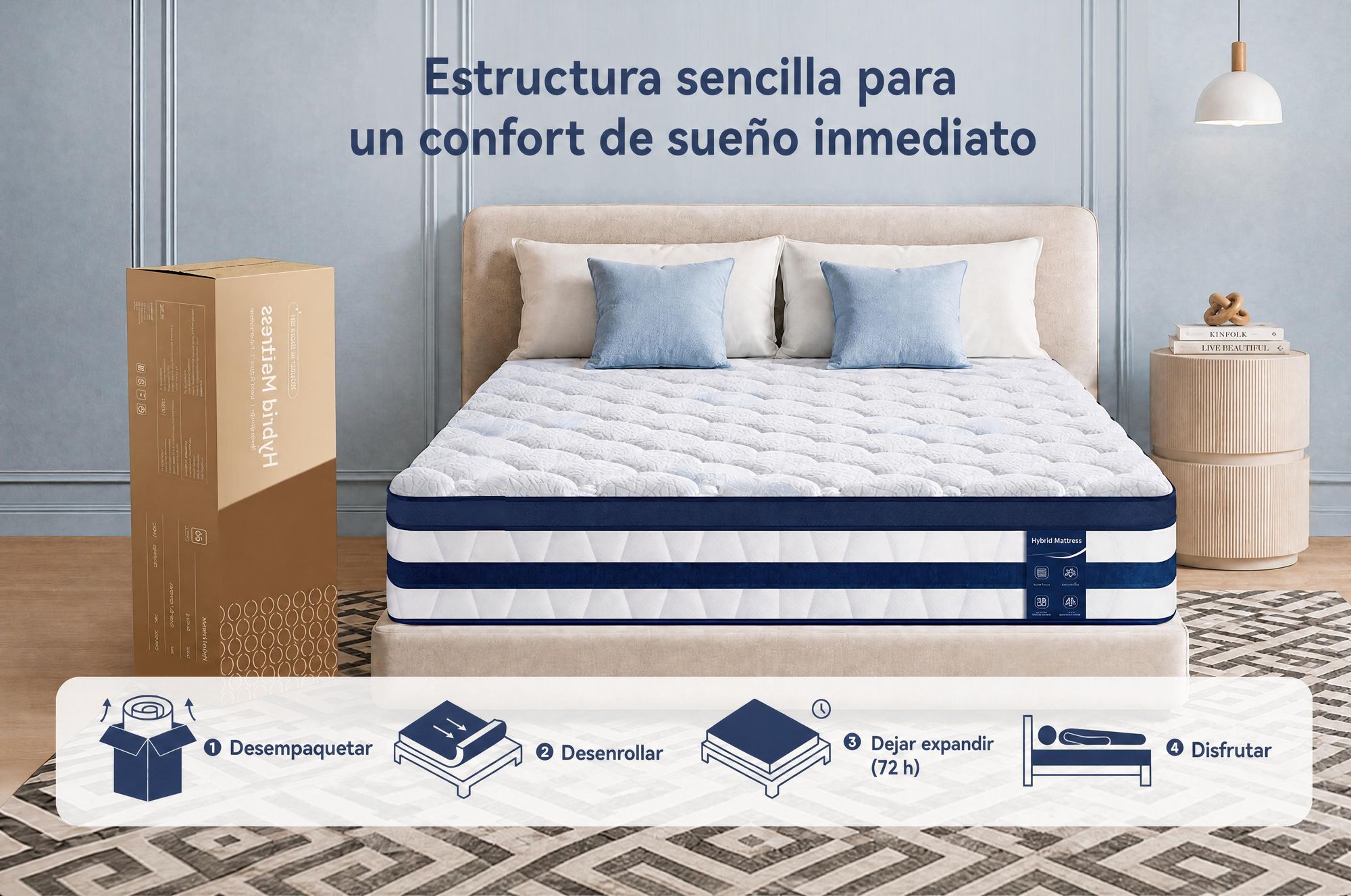 Colchón de 90x190 cm, con una altura de 26 cm, que incluye un acolchado superior integrado. Colchón de muelles ensacados con 7 zonas, firmeza H3/H4. Funda de alta calidad de 420 g/m²