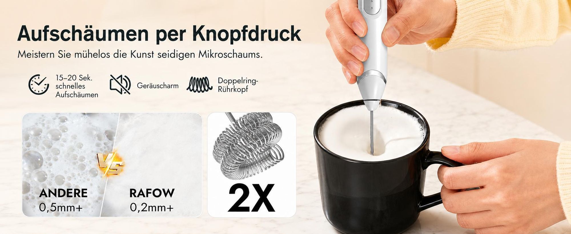 Milchaufschäumer Elektrisch, 3-in-1 Milch Frother mit Ständer, 3 Geschwindigkeiten,  USB-C Aufladbar, für Cappuccino, Latte, Matcha & Protein-Shakes