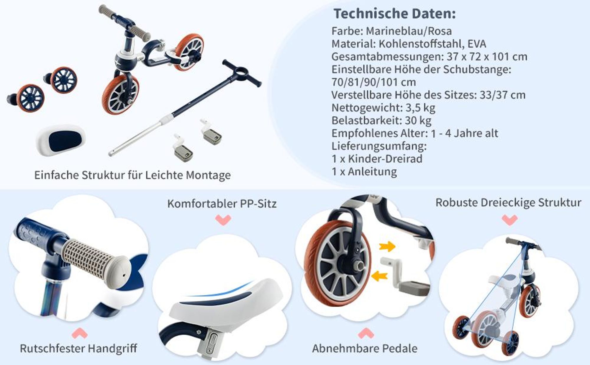 COSTWAY 4 in 1 Kinder Dreirad, Laufrad mit höhenverstellbarer Schiebegriff&Sitz, abnehmbaren Pedalen, Balance Bike, Laufräder für Kinder 2-4 Pink