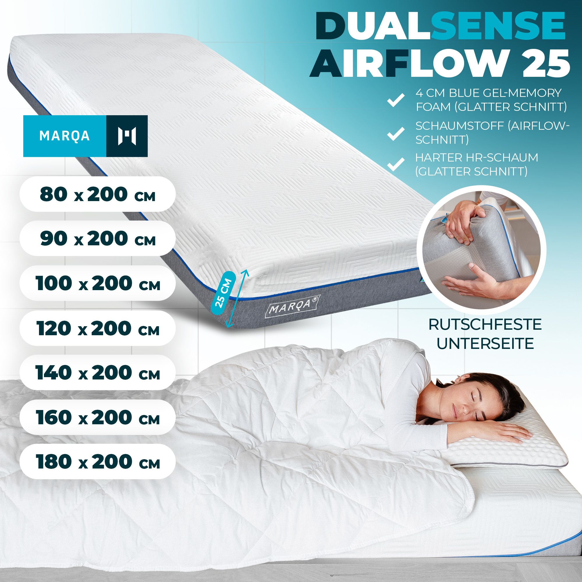 MARQA Matratze Gelmatratze Dualsense (Kaltschaum + Gelschaum) Rollmatratze Höhe 25 cm H3/H4, 90x200