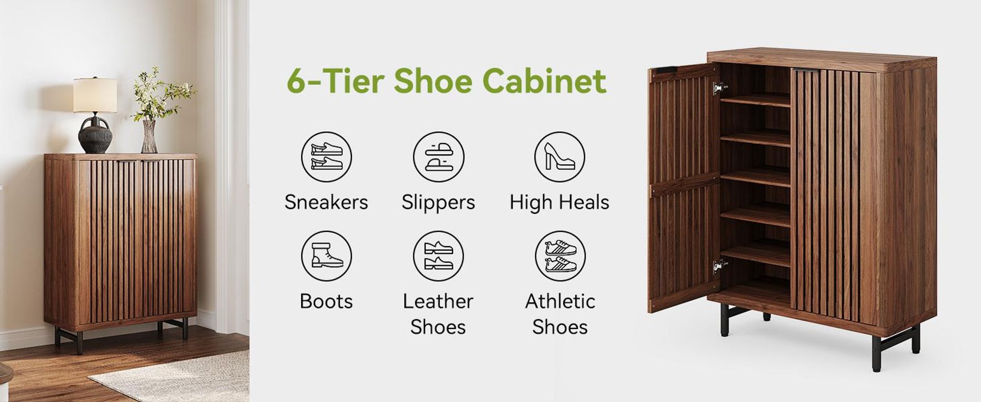 LITTLE TREE Schuhschrank, mit 6 Ebenen und Türen, 24 Paar Schuhe, verstellbare Einlegeböden, Schuhschrank im Retro-Stil, Eingangsbereich, Braun