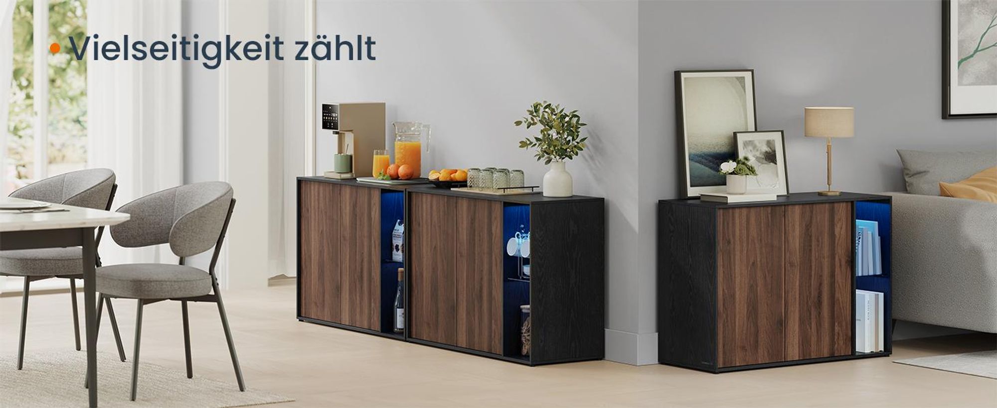 SONGMICS HOME Superschnelle werkzeuglose Montage, Sideboard mit Beleuchtung, 2er Set Aufbewahrungsschrank, TV-Schrank, Glasablage,Toolless-Technologie