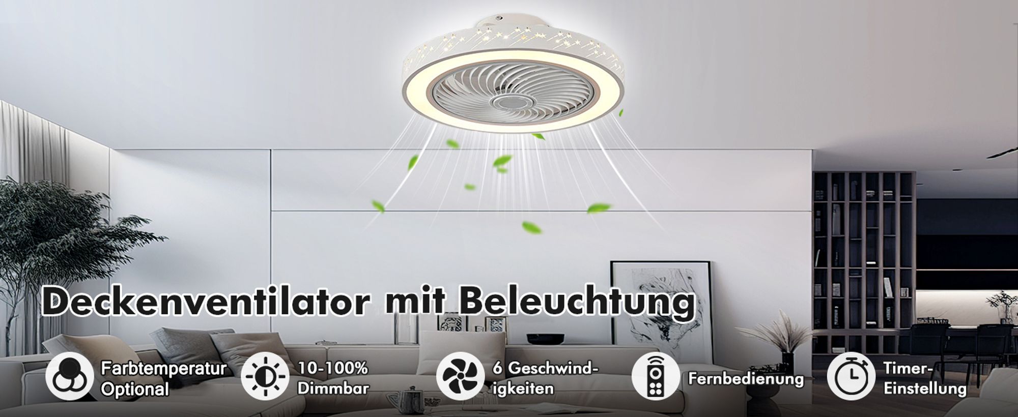 Smart Deckenventilator mit Beleuchtung und Fernbedienung 3000K-6000K Dimmbar LED Deckenleuchte mit Ventilator 6 Windgeschwindigkeit Lüfterleuchte
