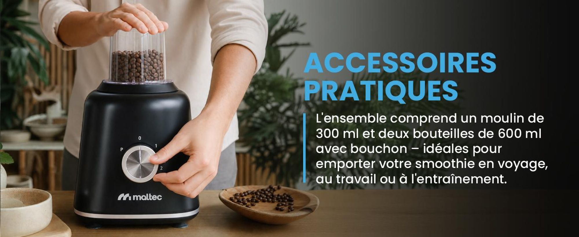 Mixeur sur socle Mixeur Smoothie Maker pour cocktails 1800 W Blender, moulin, 2 bidons 1,6 litre Noir