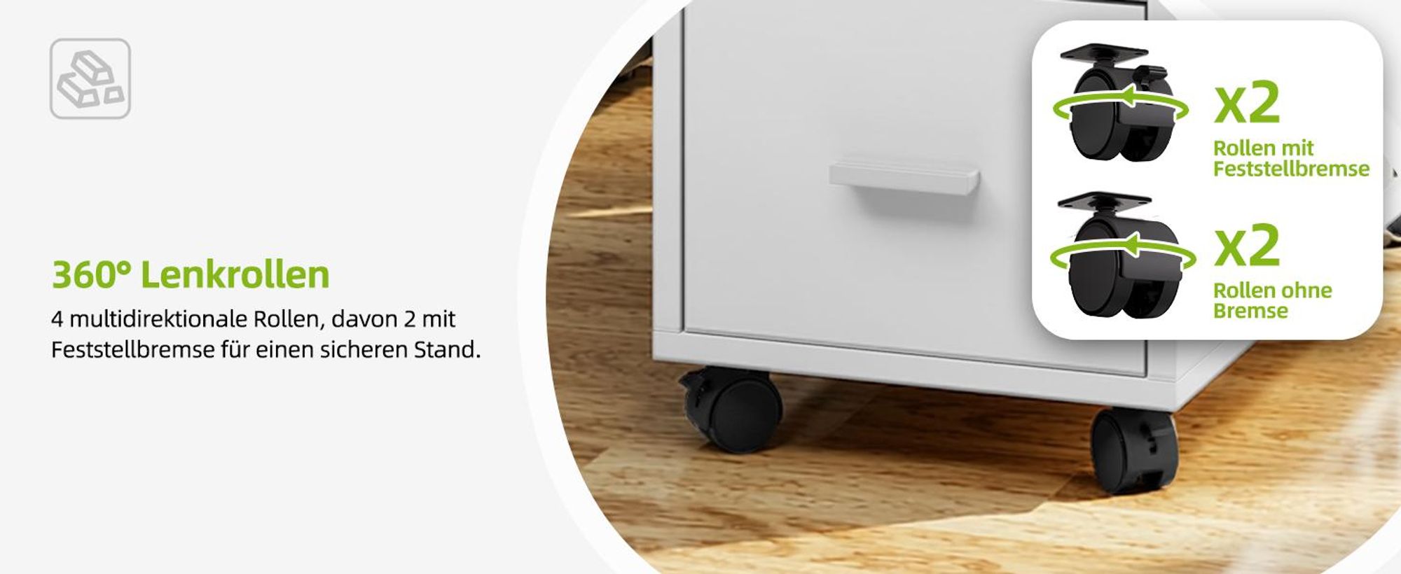 Rollcontainer mit 2 Schubladen, Aktenschrank mit Seitenhaltern Regal und Ablagefächern, Büroschrank, Weiß