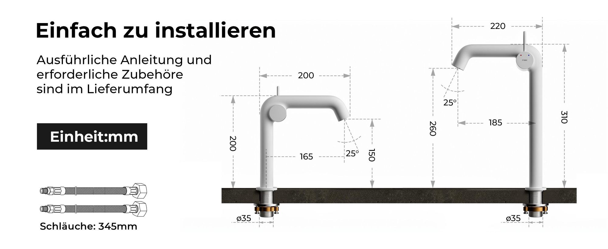 EMKE Einhebel-Waschtischarmatur, Badarmaturen 222x200x76mm  G3/9", Bleifreies Messing, Matt Weiß