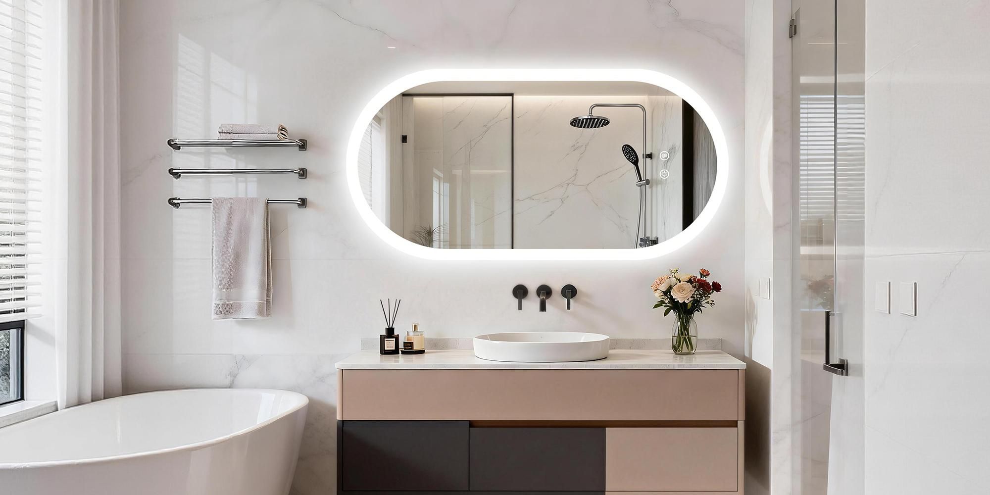 WISFOR LED Oval Spiegel 50x100cm, Badezimmerspiegel mit Touchschalter, Speicherfunktion, Anti-Beschlag