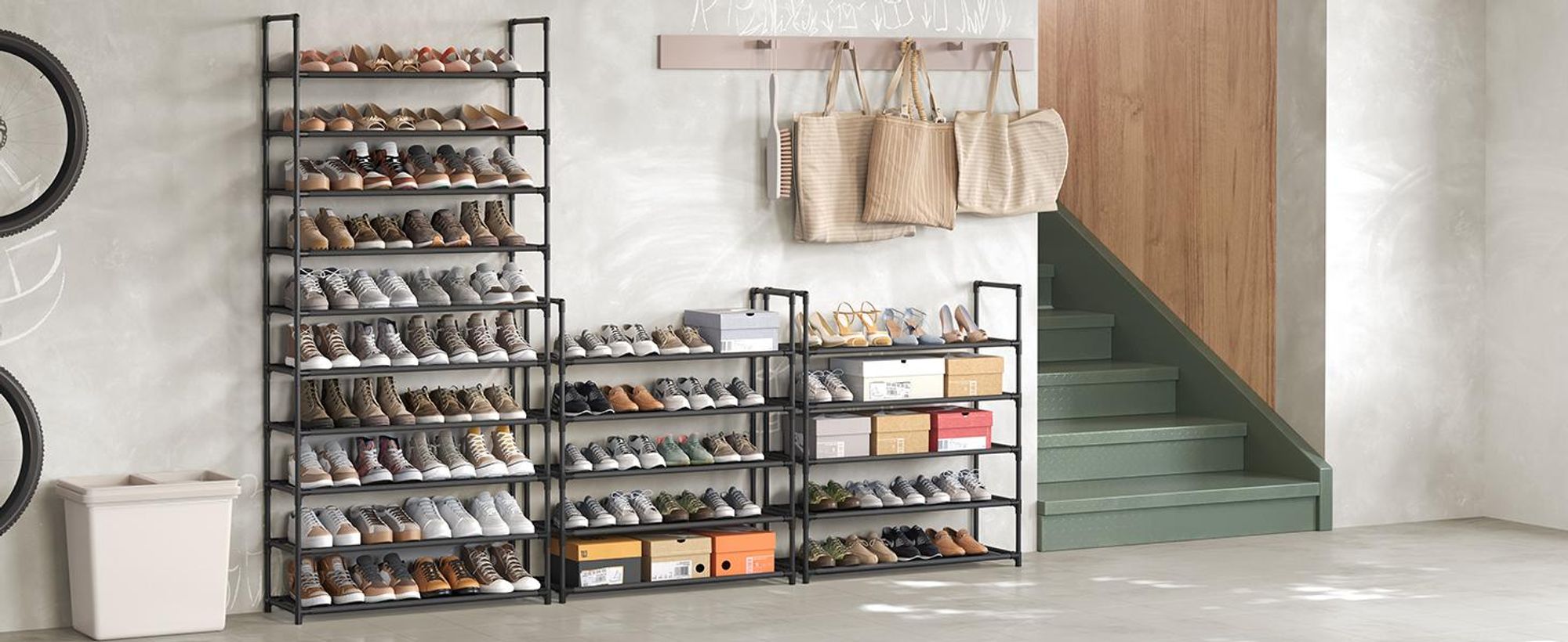 Schuhregal,10 Ebenen, Schuhablage, Schuhaufbewahrung, schmal, 28 x 83 x 173 cm, Metallgestell, Ablagen aus Vliesstoff, schwarz